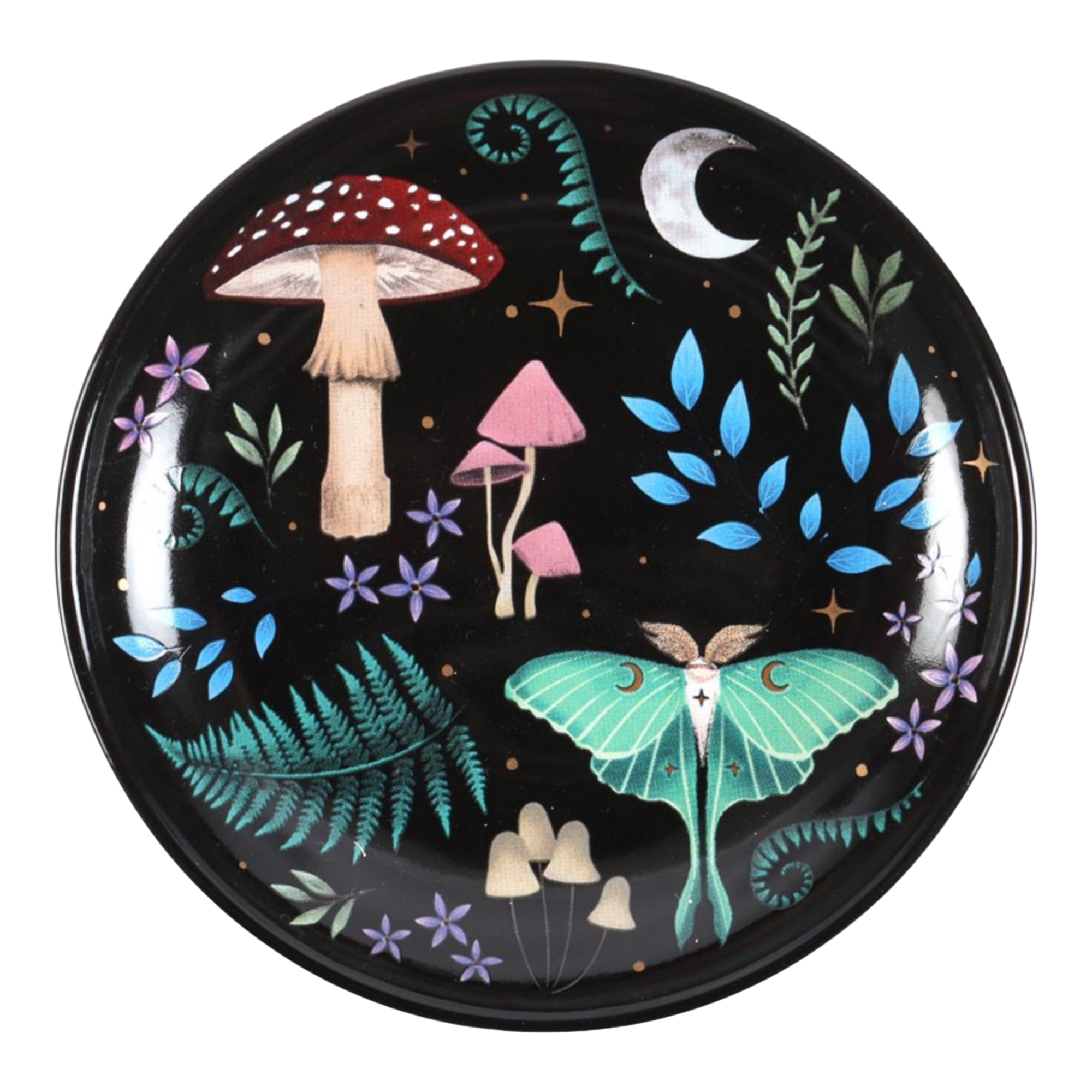 Schmuckschale Teller klein Schmuckablage Deko rund Keramik Annurah deutscher Onlineshop schwarz Pilz Motte Luna Mond Blätter Forest Wald Natur witchy